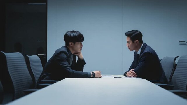 Negotiation in the Boardroom: Two focused individuals engage in a tense boardroom meeting, their faces etched with contemplation and their gaze locked in a battle of wits.