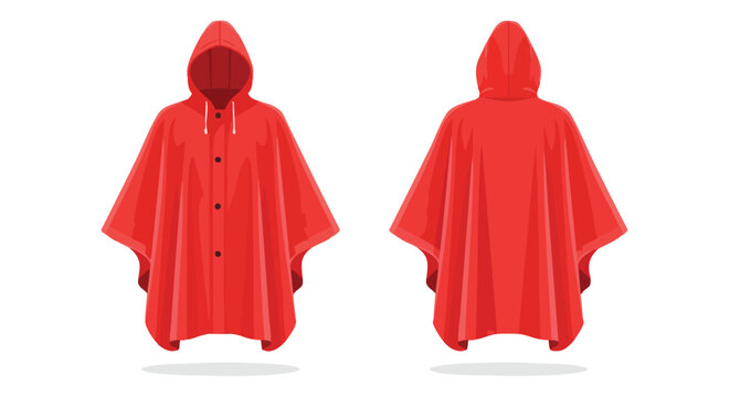 Bright Red Rain Poncho Vector Illustration: Front and Back Views for Protection Against the Elements