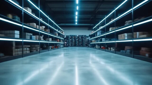 Modern warehouse storage interior with bright neon blue lights and organized shelving system
