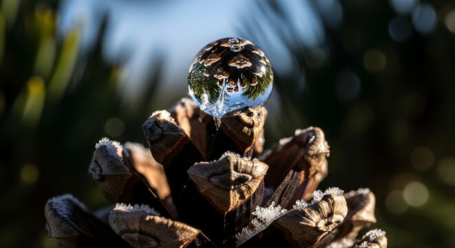 Close-up of a frosted pinecone with a water droplet reflecting the winter forest.