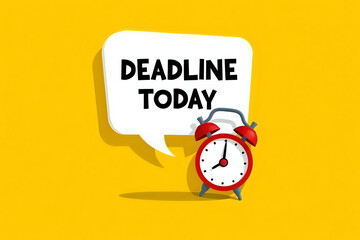 Deadline Today text on speech bubble with alarm clock on yellow background. 3d rendering.