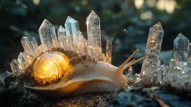Fantasy snail with crystal shell illuminated in dramatic lighting