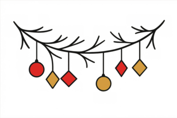 Christmas tree branch decorating with festive ornaments, creating a holiday garland design, transparent background