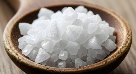 Close-up of a wooden spoon filled with coarse sea salt crystals on a wooden surface.