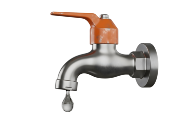 Metal water faucet with orange handle dripping water, faucet for stainless steel sink