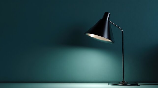 A sleek modern table lamp stands tall under a spindle-shaped shade, casting a warm glow on the minimalist surface.