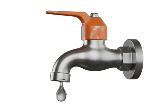 Metal water faucet with orange handle dripping water, faucet for stainless steel sink - Powered by Adobe