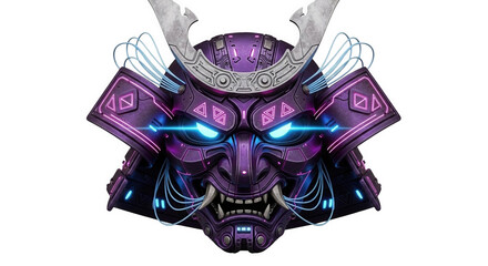 Futuristic neon purple and blue glowing cyberpunk samurai mask (menpo) and helmet (ka © Maksuda