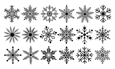Black Snowflakes big set. Large collection of elegant snowflakes in line art style for winter, New year, Christmas design. Vector illustration