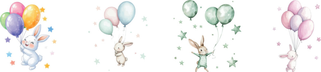 In this watercolor illustration, a baby rabbit is shown flying accompanied by balloons and stars