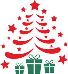 Stylized christmas tree vector illustration with abstract red and green shapes and festive gift boxes below.