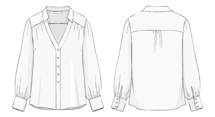 Elegant white blouse technical sketch showcasing front and back details for fashion design and apparel production planning