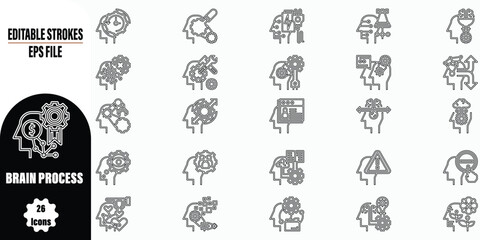 Fototapeta premium An extensive pack of 26 editable EPS line art icons illustrating various aspects of brain processes, perfect for psychology, education, and artificial intelligence themed designs