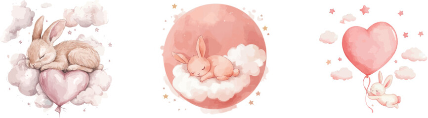 A watercolor illustration shows a baby rabbit asleep on a balloon, surrounded by a scene of stars and butterflies