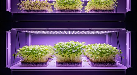 Vibrant Hydroponically Grown Microgreens Glowing Under LED Lights in a Vertical Farm