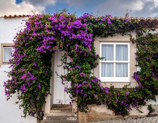 Quaint white building with lush purple flowers cascading over the entrance