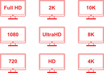 Display resolution comparison showing full hd 2k 10k 1080 ultrahd 8k 720 hd 4k.
