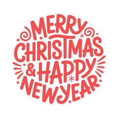 Merry christmas and happy new year circular lettering design in red color on white background for seasonal greeting card