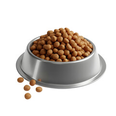 A stainless steel pet food bowl overflowing with dry kibble and some scattered pieces