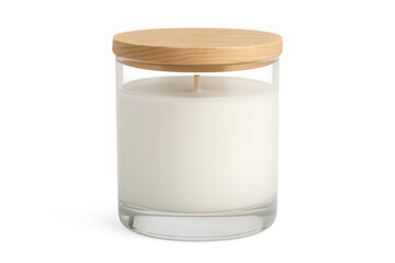 White candle in clear glass jar with wooden lid for aromatherapy and home decor, transparent background