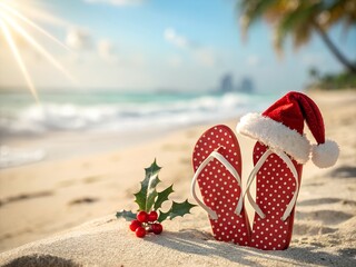 Christmas flip flops and holly on a tropical beach with ocean waves