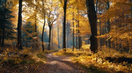 Obraz premium A winding path through dense peaceful woodland, flanked by vibrant autumn leaves in golden yellow, orange red,