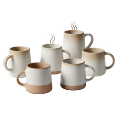 Set of rustic ceramic mugs with warm tones and steam for cozy beverages
