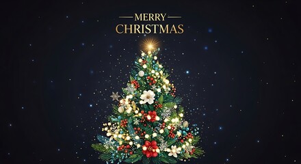 A beautifully decorated christmas tree with golden merry christmas text on a dark background creates a festive holiday atmosphere