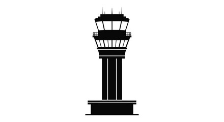 A stark black silhouette of an airport control tower against a white background representing aviation and air traffic management silhouette