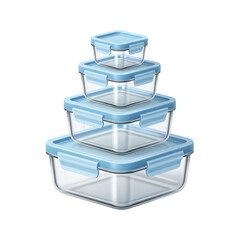 Stack of four clear glass food storage containers with light blue lids for kitchen organization