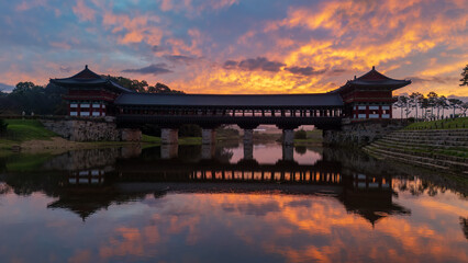 morning light South Korea - October 25, 2025: Aerial and spring view of tiled house of Woljeonggyo Bridge on Namcheon Stream at Kyochon village