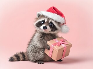 Cute raccoon wearing a santa hat holding a christmas gift