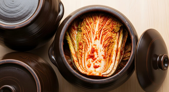 Traditional Korean Kimchi Fermenting in Onggi Pot