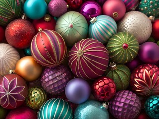 Obraz premium Vibrant assortment of colorful christmas ornaments close up
