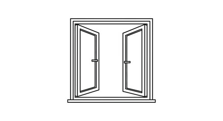 Open double doors with a simple line drawing silhouette against a white background representing an entrance or opportunity silhouette