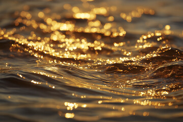 夕陽に照らされ黄金色に輝く水面のクローズアップ。波のきらめきと柔らかな光が美しい、自然と静寂を感じる抽象的な背景イメージ。