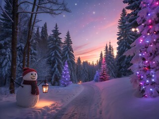 Fototapeta premium Magical snowy forest path with a snowman and twinkling christmas lights