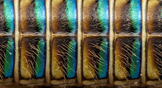 Macro closeup of iridescent beetle abdomen showing segmented armor plates and setae, ideal for natural sciences, biology, and zoology concepts.