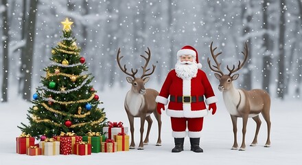 Santa claus with reindeer and christmas tree in winter forest with snow, gifts and decorations, festive season