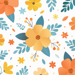 Floral Pattern with Orange Yellow White Flowers and BlueGreen Leaves on White Background.