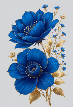Vibrant cobalt blue floral illustration with luxurious gold accents, ideal for a striking decorative tile design.