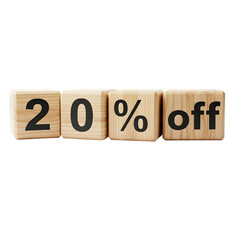 Wooden blocks spell out 20 percent off promotional sale announcement isolated