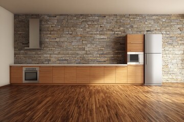 Modern kitchen with stone wall and wooden cabinets featuring appliances.
