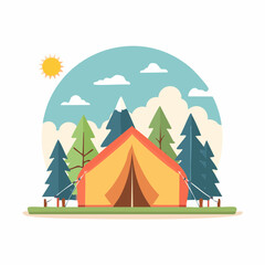 Camping Tent Illustration Yellow Canvas Tent with Open Flaps in Forest Setting.