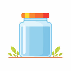 Cartoon Jar with Water and Colorful Lid Surrounded by Green Leaves.
