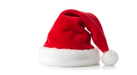 Festive red santa hat with white fur trim isolated on white background, perfect for christmas and holiday season