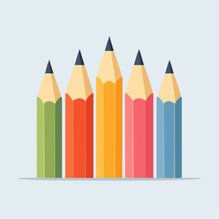 Five Colorful Pencils with Sharp Tips in a Row Vector Illustration.