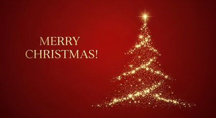 A festive christmas tree made of golden sparkles on a red background with the text merry christmas