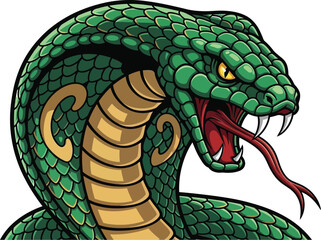 Menacing green cobra with fangs, tongue, and detailed scales