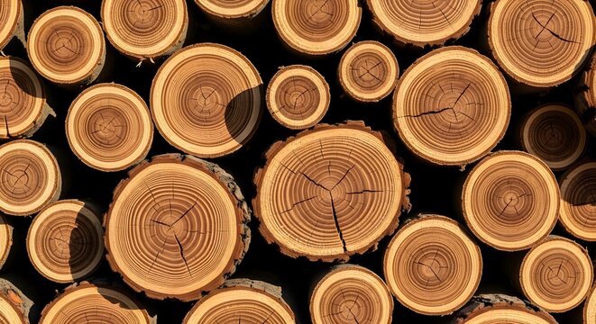 Stacked tree trunk cross sections showcasing wood grain, conveying rustic and natural resource themes, excellent for backgrounds.